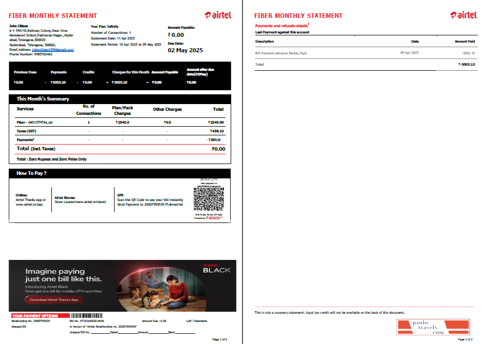 India Airtel utility bill template in Word and PDF formats, 2 pages, version 4